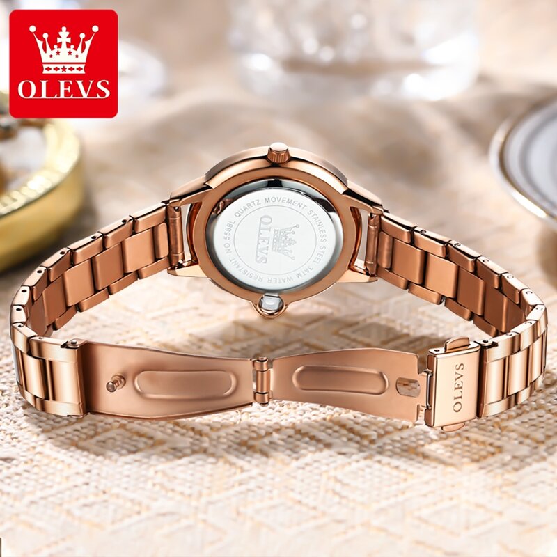 OLEVS 브랜드 럭셔리 다이아몬드 쿼츠 시계 여성용, 스테인레스 스틸 로즈 골드 스트랩, 방수 손목시계, 여성 패션