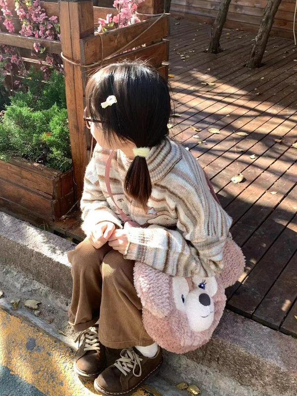 Deeptown Harajuku Kawaii Hund Stickerei Strickjacke Frauen Vintage gestreiften Strick pullover Cutecore Reiß verschluss Strickwaren Y2k Top Japanisch