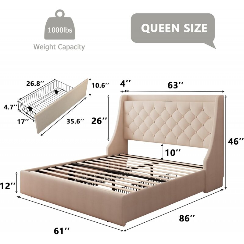 Feonase tempat tidur Ratu berlapis kain dengan 4 laci penyimpanan, stasiun pengisian dan Headboard penyimpanan berumbai, tanpa semprotan kotak