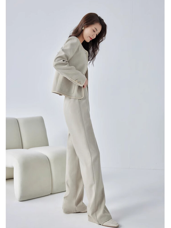 Vimly Elegant Office Pant Suit Crop Jacket Elastic Waist Wide Pant Two-piece Suit Female 2024 Spring Matching Sets Outfits M5922