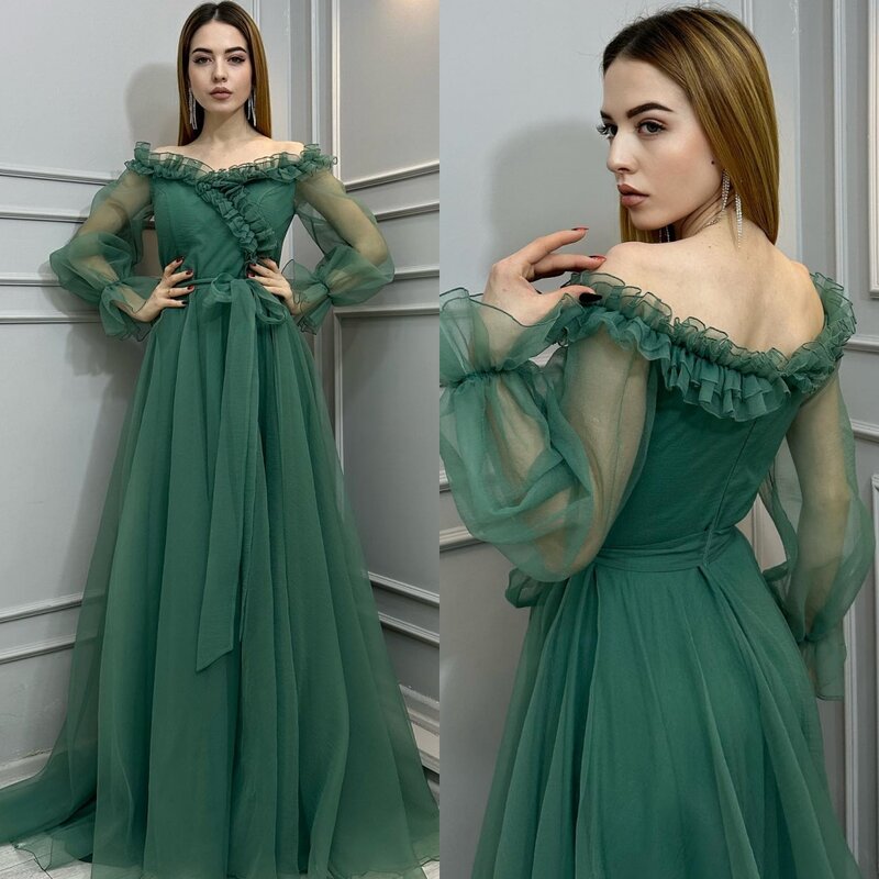 Prom Dress Evening Net Ruffle Engagement A-line Off-the-shoulder Bespoke Occasion Gown Long Dresses Saudi Arabia  