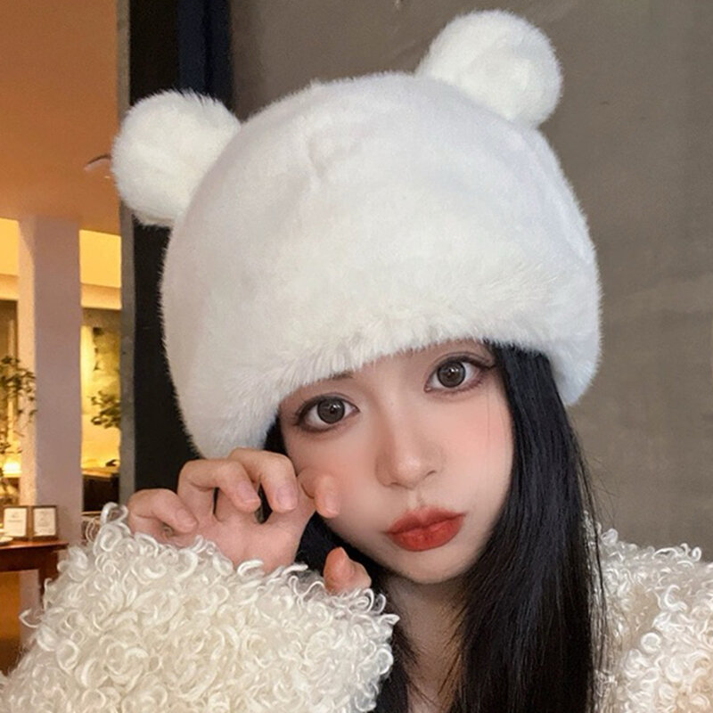 Winter Women S Warm Ear Caps Selfie Pullover Caps Fashionable Plush Caps