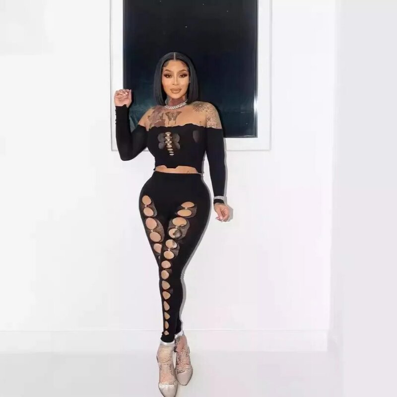 New Sexy Hollow Out 2 Piece Set Women Stunning Off Shoulder Long Sleeve Tops and Pencil Pants Matched 2024 Night Club Outfits