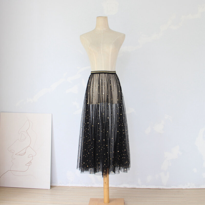 Rok Fishtail rok Tulle transparan lapisan tunggal kasa dasar renda rok panjang menengah rok panjang Midi wanita Faldas
