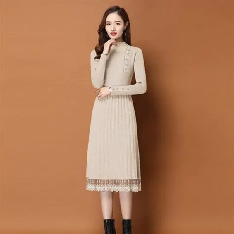 Women's Autumn Winter New Dress Mid Length Elegant Vestido Casual Korean Style Lace Knitting Long Sleeved Clothing Sweater Skirt