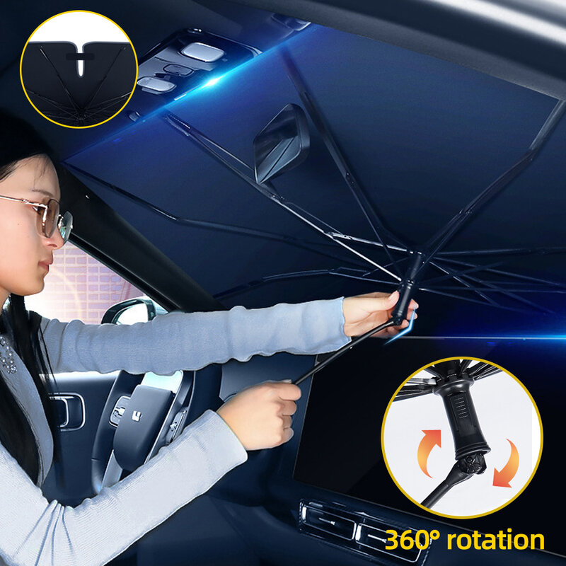 Payung penahan matahari kaca depan mobil, payung penahan matahari perlindungan UV dengan rotasi 360 ° dapat ditekuk