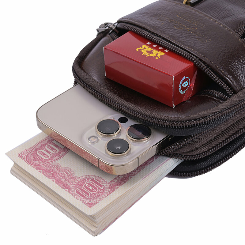 Men Cowhide Leather Waist Bag Vintage Business Crossbody Bag WMale Belt Bum Bag For Travel Casual Phone Messenger Office Handbag