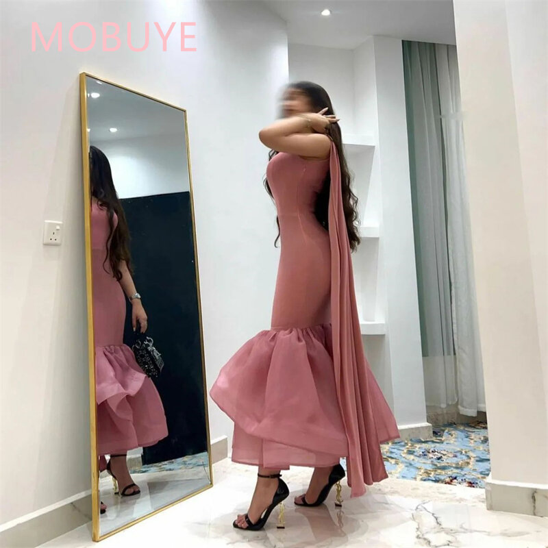 Mobuye 2024 Arab Dubai Een Schouder Prom Jurk Korte Mouwen Met Enkellange Avond Mode Elegante Feestjurk Voor Vrouwen