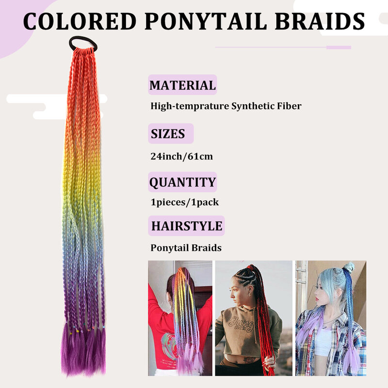 Kleurrijke Gevlochten Paardenstaart Synthetische Haarverlenging 24 Inch Regenboog Kleur Vlechten Paardenstaart Met Elastische Band Voor Vrouwen Meisjes