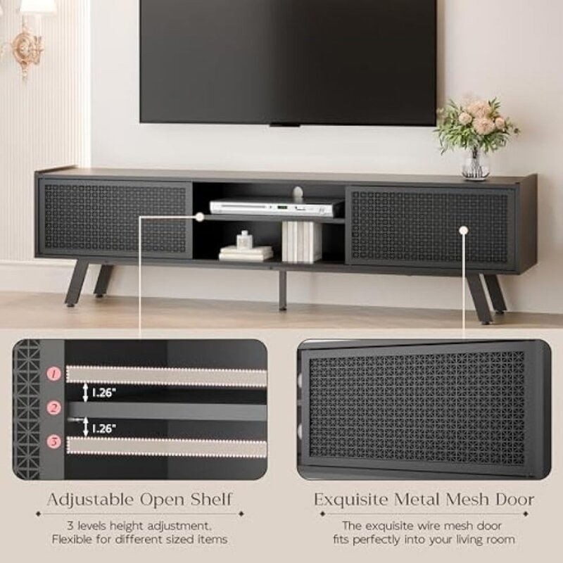 Soporte de TV negro para TV de 65 y 70 pulgadas, consola de TV moderna de ratán de hierro con puerta corredera, centro de entretenimiento con almacenamiento