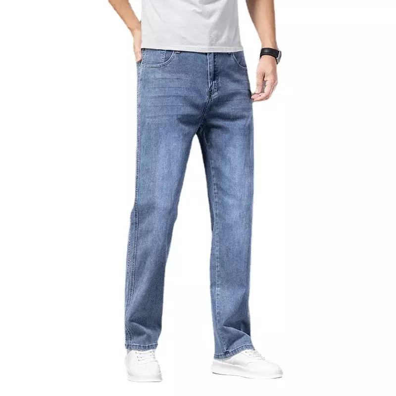 Celana panjang Jeans pria, celana panjang Denim biru hitam kasual meregang klasik untuk lelaki musim panas dan semi