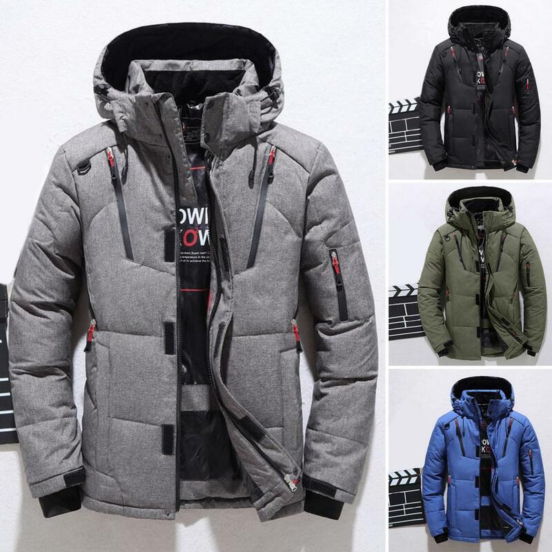 Men Jacket Zippers Decoration Hooded Multi Pockets Windproof Winter Cotton Padded Overcoat Thicken Drawstring Jacket for Outdoor