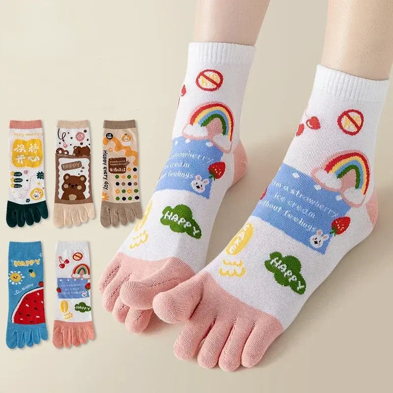 Милые носки с 5 пальцами для женщин и девочек, Разноцветные носки с мультяшными цветами, медведем, арбузом, Молодежные повседневные модные носки с веселым носком, подарки в стиле Харадзюку, 2024
