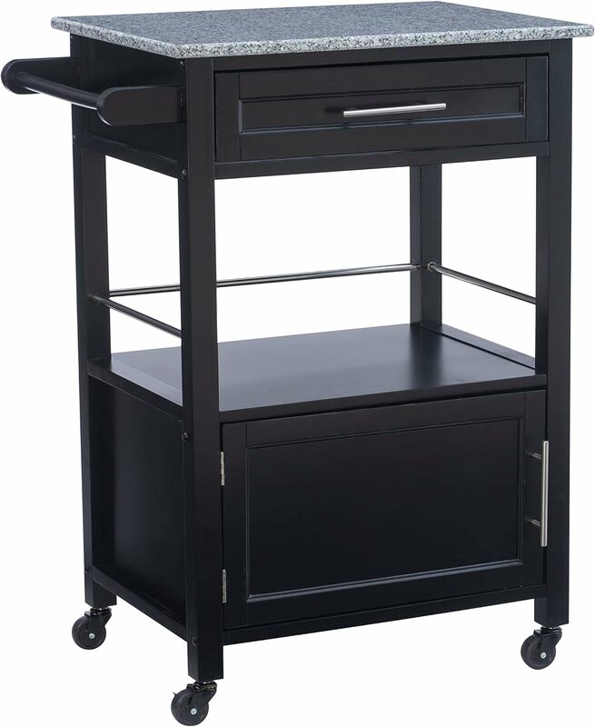 Classic solid wood kitchen cart with storage space, granite countertop, clean, solid, black
