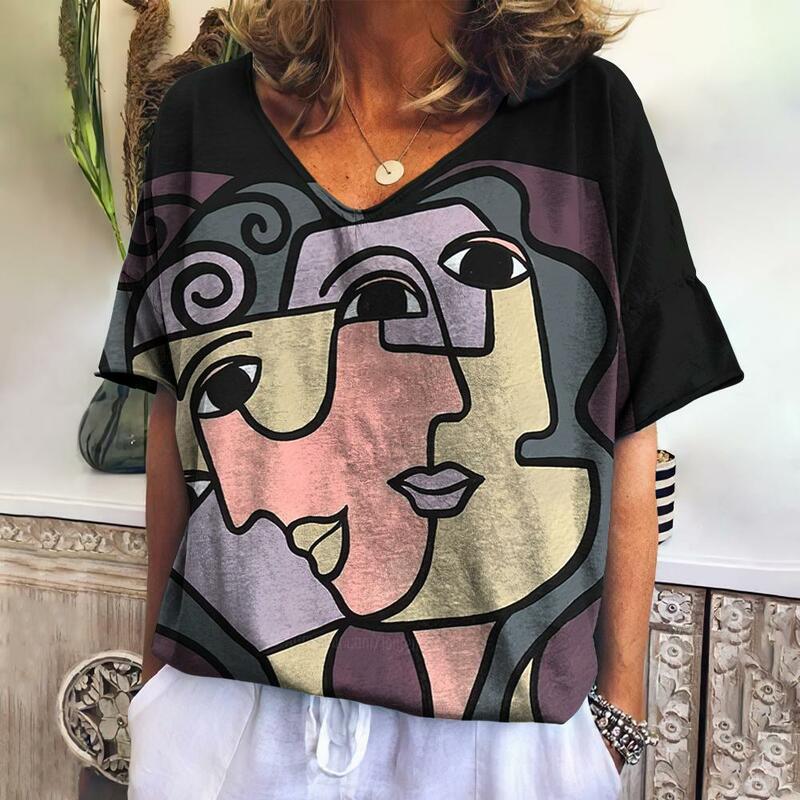 여름 여성 패션 티셔츠 추상 인간의 얼굴 인쇄 여성 블라우스, 여성 의류 티셔츠 캐주얼 빈티지 대형 탑