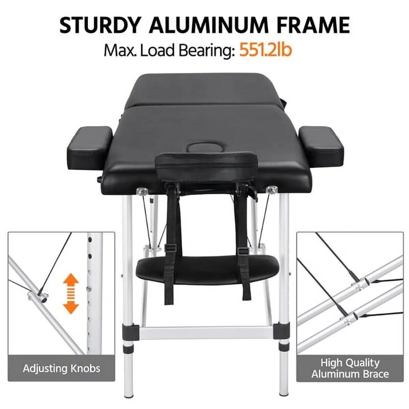 3 Section 84" Portable Adjustable Aluminum Massage Table for Spa Treatments Bed Black Folding Massage Stretcher for Beauty Salon