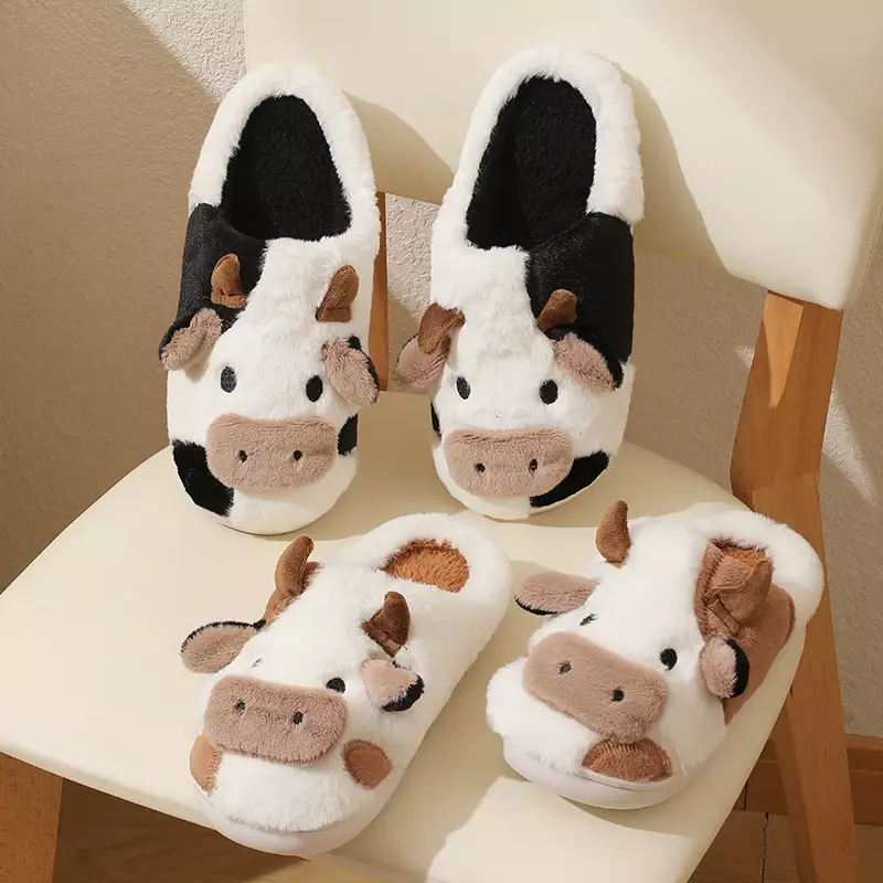 New Winter Unisex Cartoon Cow Warm peluche pantofole coppia Indoor antiscivolo House Slides uomo e donna Toe Wrap Home Cotton Shoes