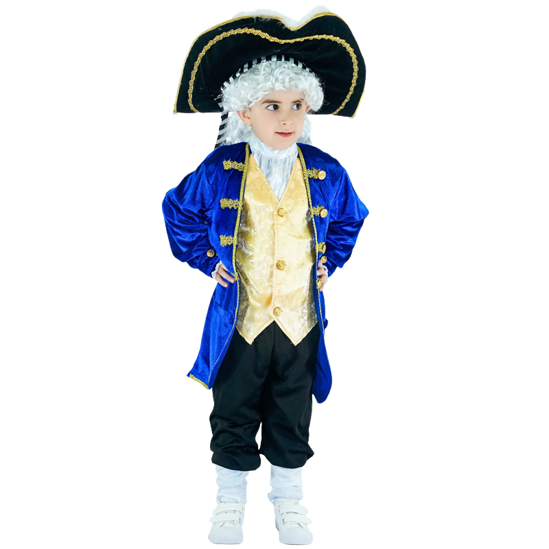 子供、休日のためのハロウィーンの海賊コスプレ衣装、男の子のための面白いセット、青のファッション、長袖の帽子、ステージパフォーマンス服