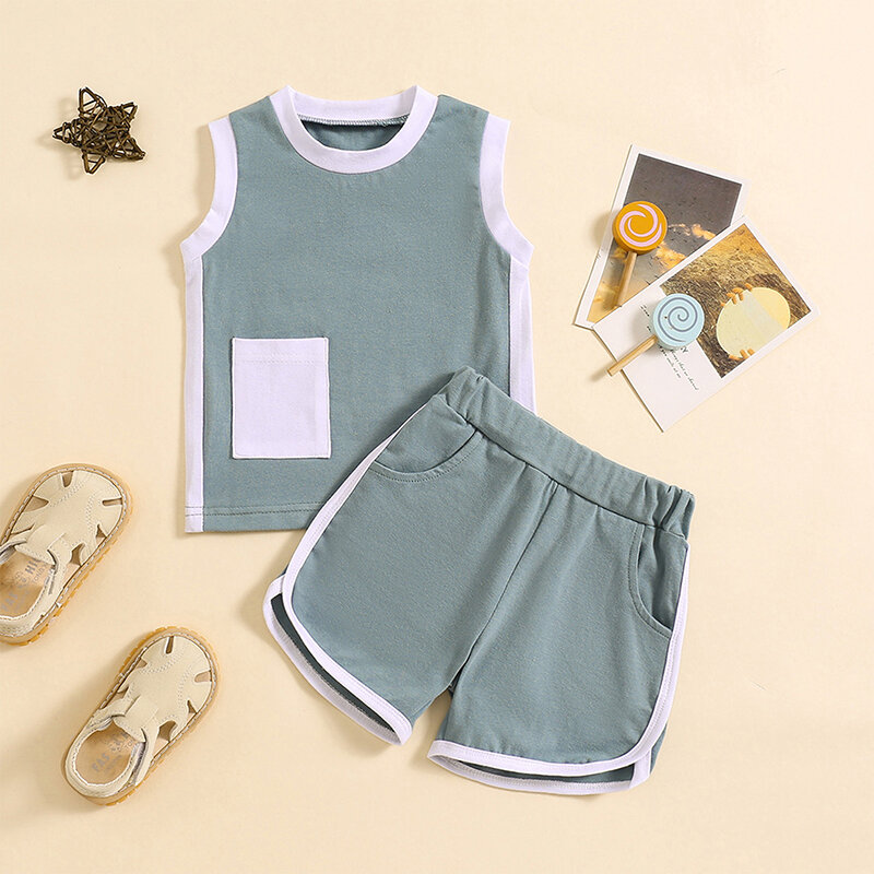 Summer Infant Baby Boy Girl Clothes Unisex Baby Sleeveless Outfits Solid Color Pocket Tops Shorts 2pcs