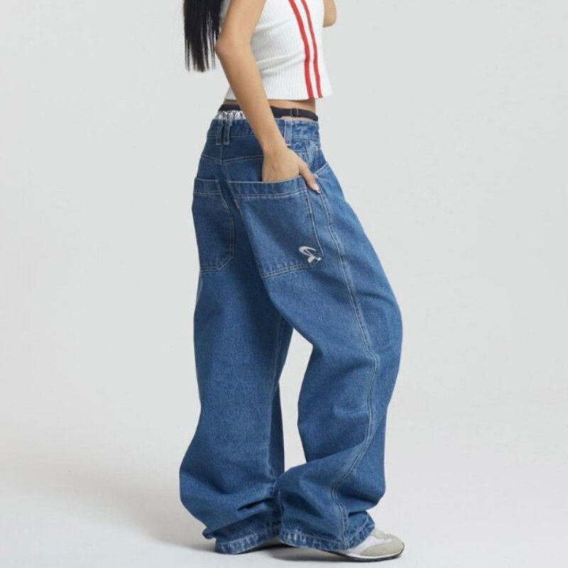 Deeptown Vintage Baggy Y2k Jeans primavera 2024 donna pantaloni in Denim oversize Streetwear tasche a gamba larga pantaloni ricamati corea
