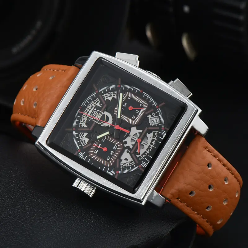 Relógios de luxo quartzo masculino com pulseira de couro, alta qualidade, data automática, relógios AAA masculinos quentes, design monac, moda, marca original