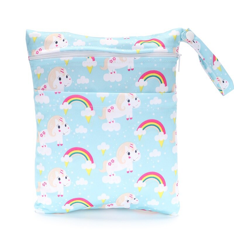 Reusable Baby Diaper Bag Waterproof Cartoon Prints Wet Dry Diaper Bag Double Pocket Infant Toddler Stroller Hanging Bag 20X20cm