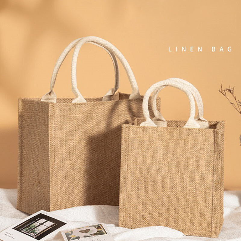 Vintage Women Linen Tote Shopper Purses Large Summer Beach Handbags Portable Eco Top Handle Shopping Bag Multiple Sizes Gift Bag