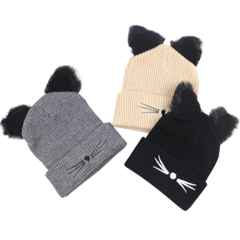 Topi rajut kucing imut dan trendi, topi beanie musim dingin, topi Ski, topi tanpa tepi dengan bola ganda lucu