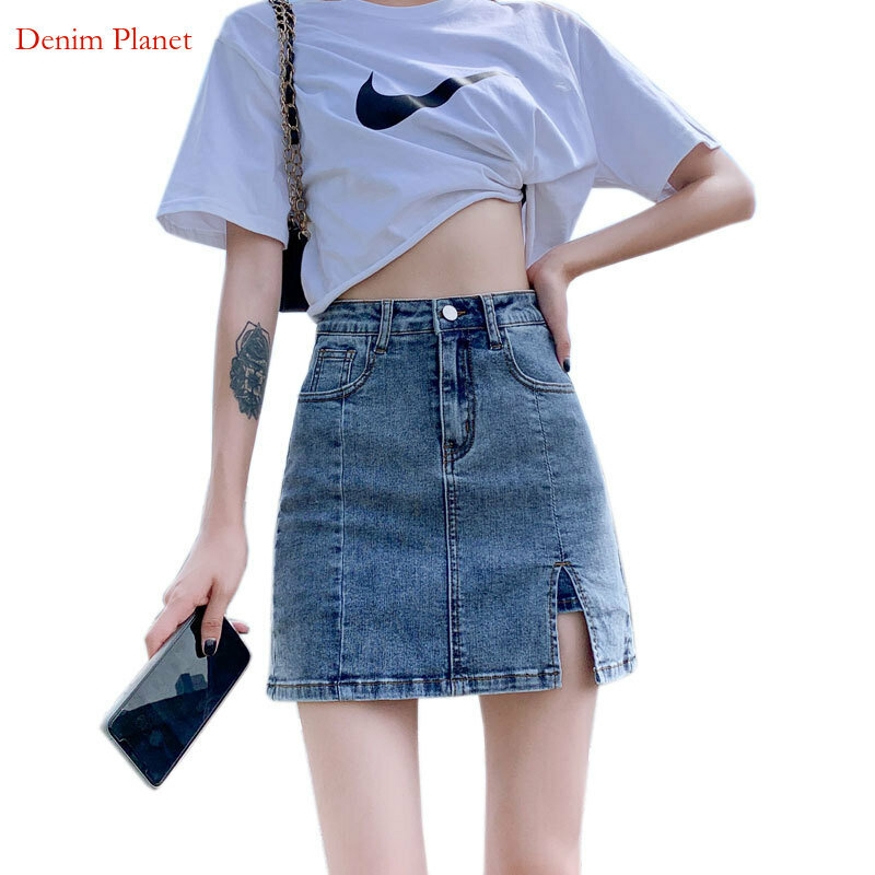 Denim Planet Elastic Split Denim Short For Women In Summer Thin Small Anti Glare Buttocks Wrapped A-Line Half Length Skirt
