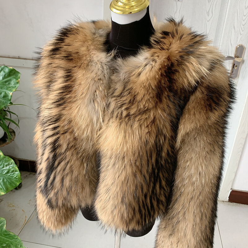 Женское зимнее пальто из 100% натурального меха енота, модное роскошное пальто из натурального меха енота