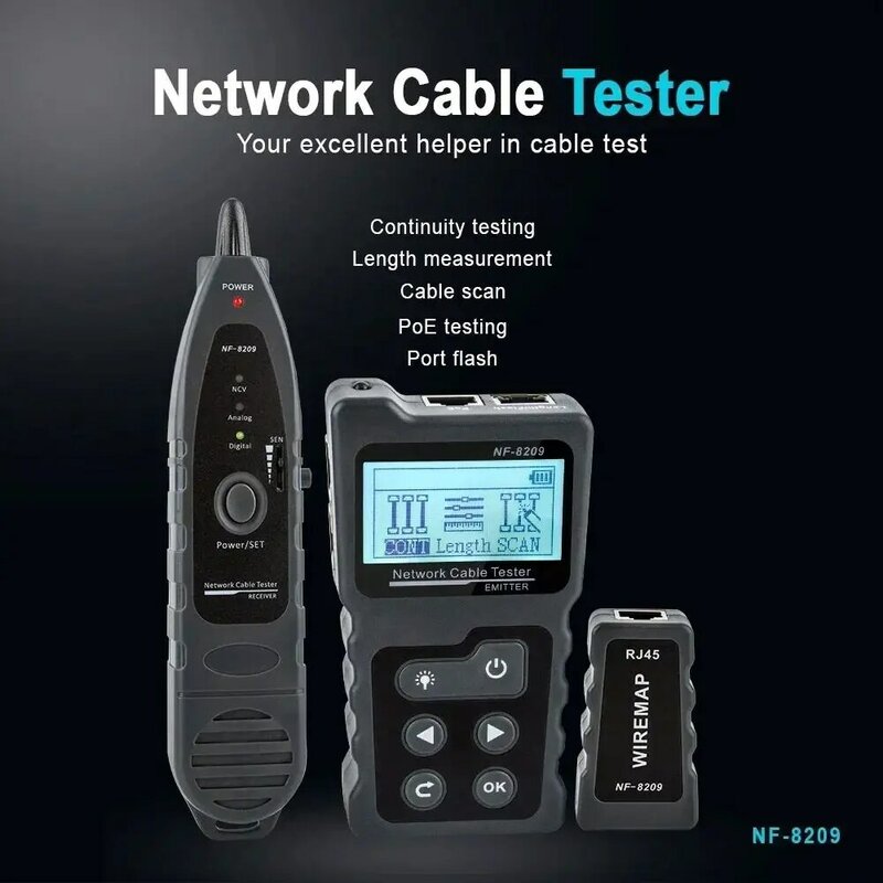 NOYAFA-Cable Tracker Lan Display Medida Tester, Ferramentas de Rede, Display LCD, Comprimento, Wiremap Tester, NF-8209