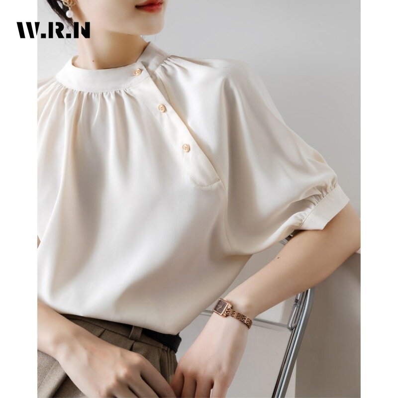 Casual elegante manica corta girocollo tinta unita camicie di lusso 2024 estate donna Vintage Classic Office Lady Basics camicetta