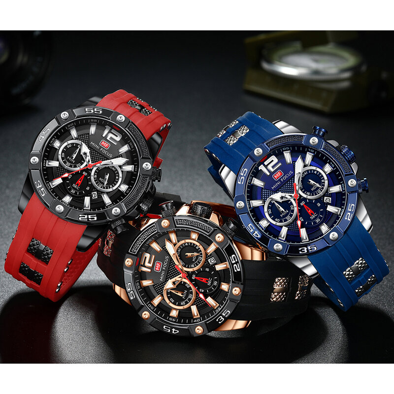 Men's Waterproof Silicone Band Watch, Quartz Chronograph, Calendário, Militar, Esportes, Top Brand, Moda, Relógio, 0349G