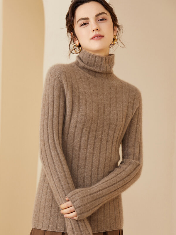 Wysokiej jakości 100% kaszmirowy sweter damski jesienno-zimowy z długim rękawem pulower z golfem miękkie prosta wąska dzianiny odzież damska topy