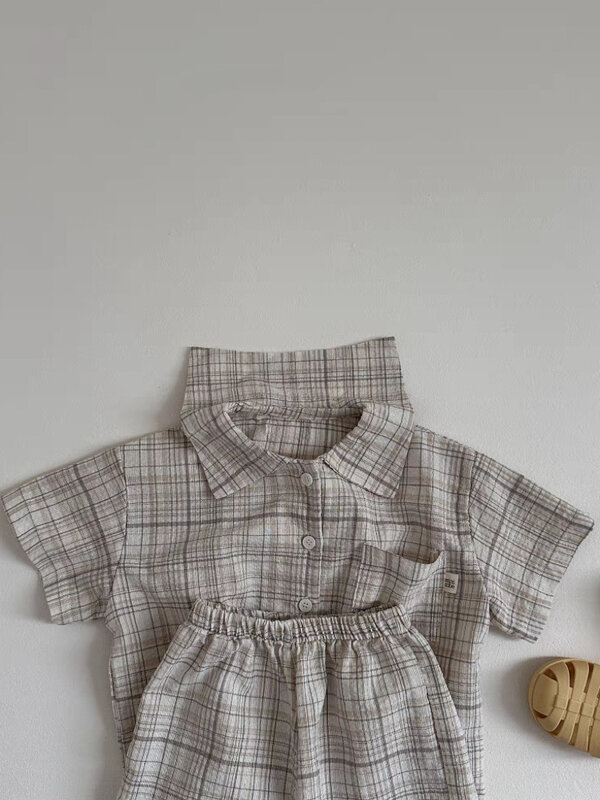 2024 Summer New Baby Short Sleeve Plaid Set Infant Boy Girl Lapel Cardigan + Shorts 2pcs Suit Cotton Breathable Toddler Outfits