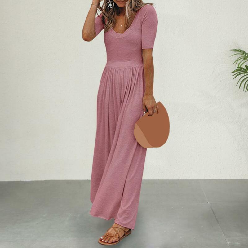 Round Neck Jumpsuit Stylish Summer Jumpsuit with Round Neck Short Sleeves Wide Leg Elegant High Waist Pleated Design for Casual