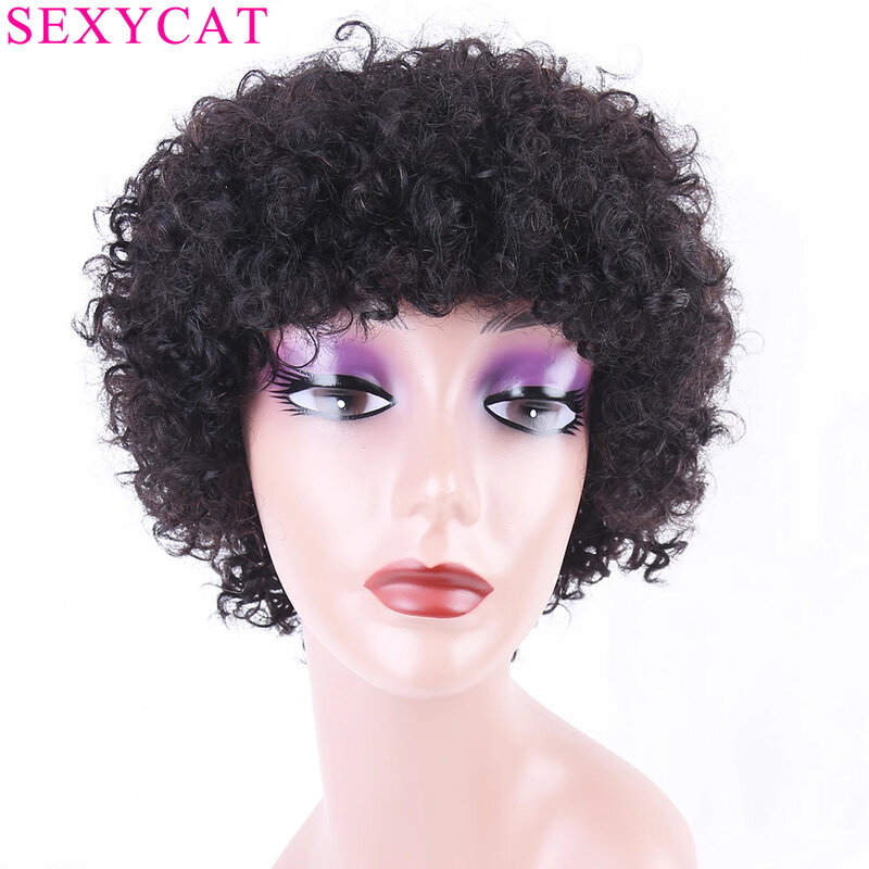 SexyCat Curly Pixie Cut Wigs Human Hair 6 Inch Short Curly None Lace Front Wigs Human Hair  Black Women Natural Color