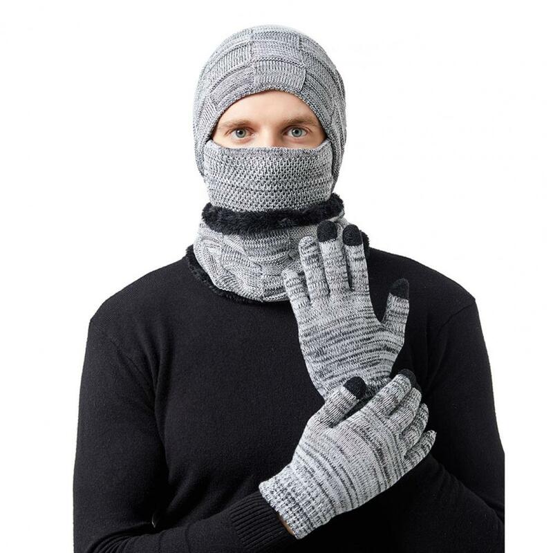 3Pcs/Set Winter Hat Gloves Neck Warmer  Stretchy   Knit Hat Gloves Neck Warmer Winter Men Ladies Knit Cap Gloves Scarf Kit