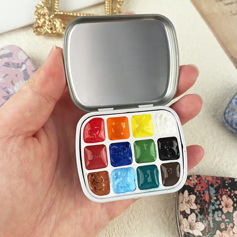 Portable Empty Watercolor Tin Box 12 grids Mini Watercolor Paint Palette Travel Painting Paint Tray Art Supplies