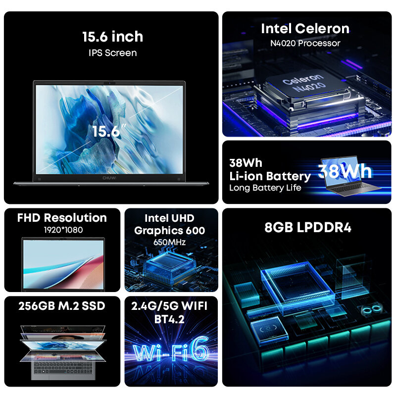 CHUWI-ordenador portátil HeroBook Plus de 15,6 pulgadas, N4020 Notebook con Intel Celeron, 8GB de RAM, 256GB SSD, FHD, 1920x1080P, para oficina