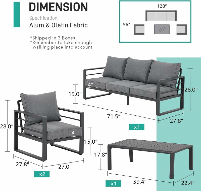 Set di mobili da giardino in alluminio, Set di conversazione moderno per Patio, Set di divani componibili per esterni grigio scuro per tutte le stagioni con tavolo