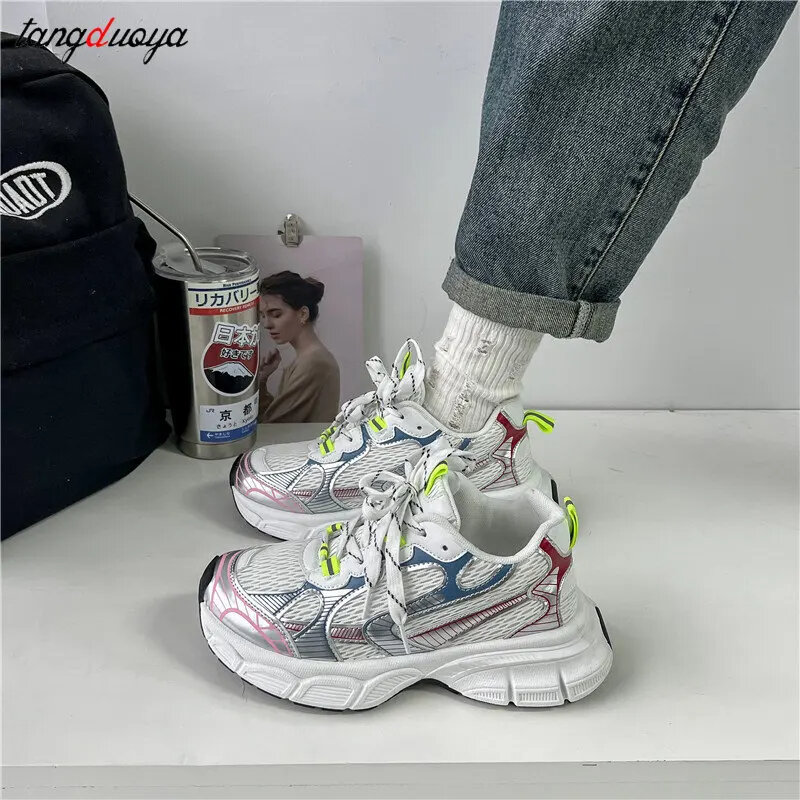 Damskie buty sportowe z grubą podeszwą Casual Comfort Platform Sneakers Fashion oddychające sznurowane buty dla taty Damskie buty wulkanizowane