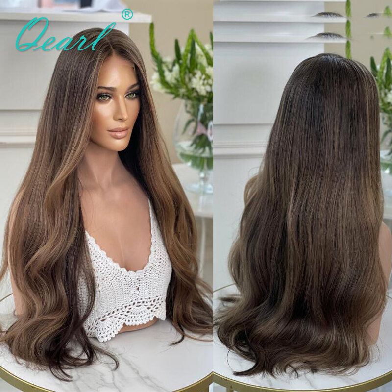 New in 28inchs Long European Full Lace Wigs Ash Brown Human Hair Wig Natural Highlights 360 Lace Frontal Wig Pre Plucked Qearl