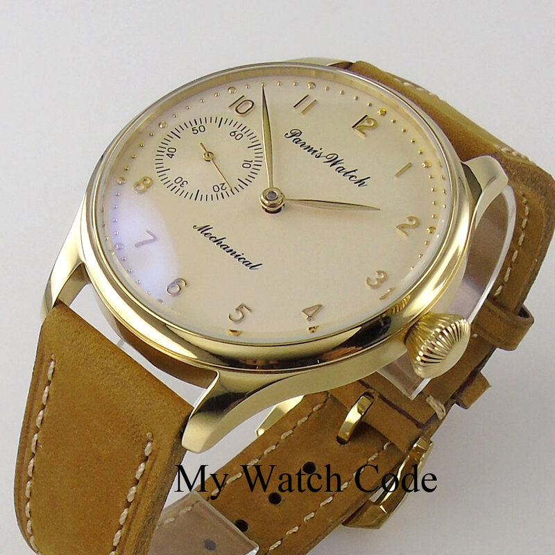 Vintage PARNIS orologio meccanico a carica manuale da uomo oro 44mm orologio da polso in acciaio Sport 17 gioielli 6497 Movtt cinturino kaki con retro in vetro