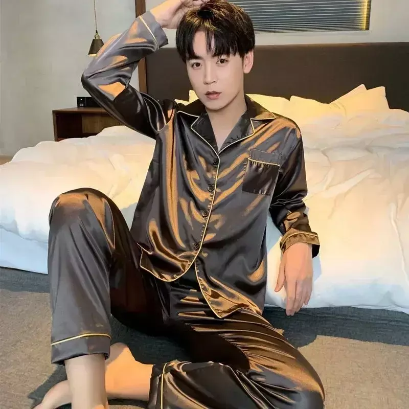 Male Sleepwear Long Silk Fashion Satin For Big Size Pajama Pyjama New Soft Loungewear Wear Casual Home Sleeve Sets Man Men
