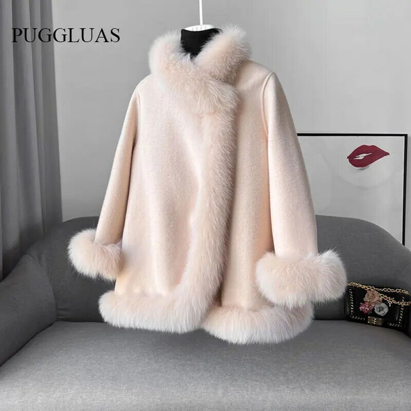 2024 Winter fester Fuchs Pelz kragen Poncho Mantel Luxus warme Frauen Kaschmir jacke niedlich dicke weibliche Schnürung Parkas Woll mantel