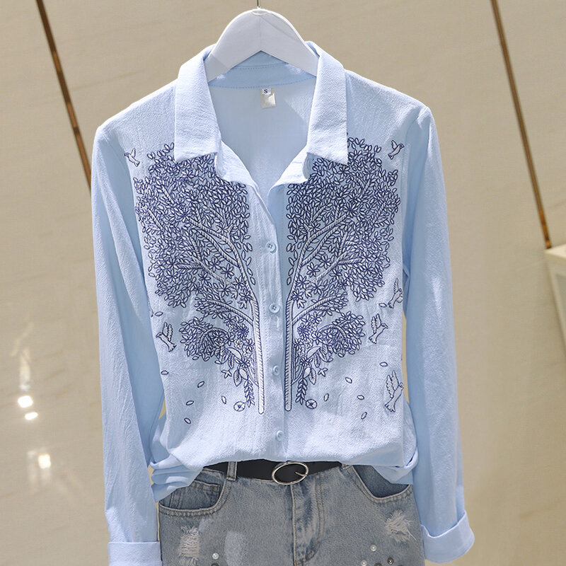 Flower Embroidery Women Shirts 2022 Summer New Turn-Down Collar Long-Sleeved Solid Office Lady Elegant Shirts Outwear Coat Tops