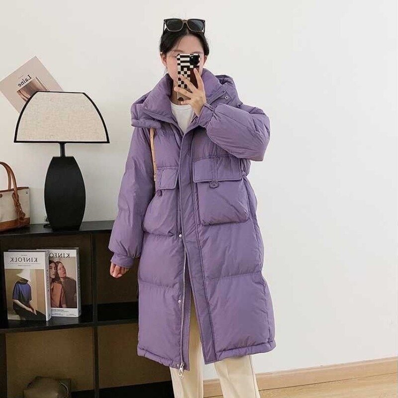 2023 New Women Down Jacket Winter Coat Female Long Hooded Parkas Thicken Warm Outwear Solid Color Large Size Fashion Overcoat