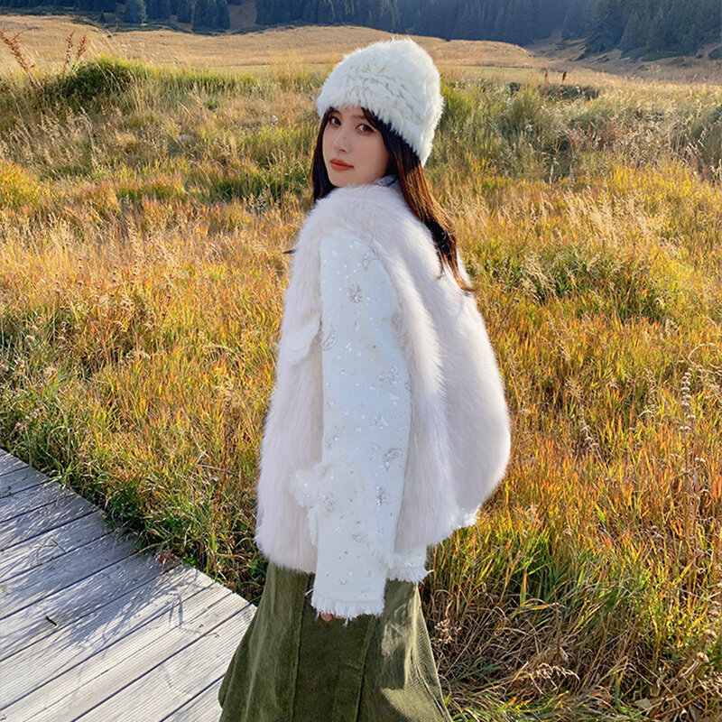Женская теплая зимняя куртка из двух частей, короткий приталенный шерстяной жилет с V-образным вырезом, украшенный блестками