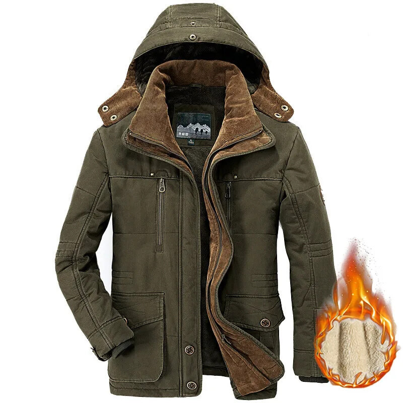 Jaket tebal Multi saku untuk pria, jaket Parka musim dingin bahan beludru, jaket Multi saku warna Solid, mantel hangat bulu domba tahan angin untuk pria
